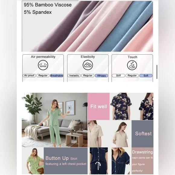 NWT Pajama Set for Women Soft Capri Button Up Cooling Pjs Set/Size Small - Picture 6 of 11